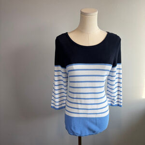 Croft & Barrow Women's 3/4 Sleeve Cotton Knit Sweater Striped Blue, SZ
